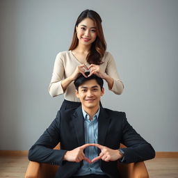 Beautiful Korean woman posing gracefully and attractively standing full body in a room facing the camera with a soft smile, forming a love shape with her hands