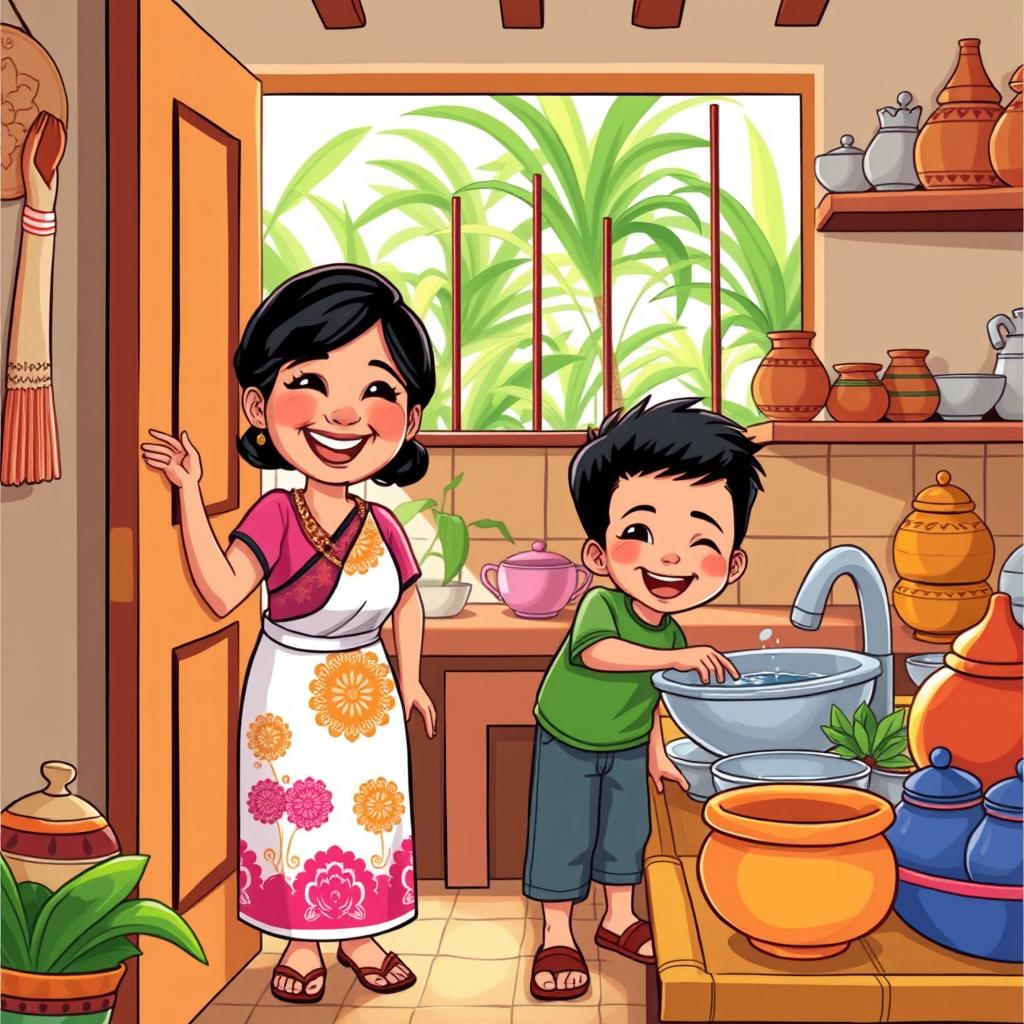 A vibrant cartoon scene depicting a Filipino mother and her son named Poni