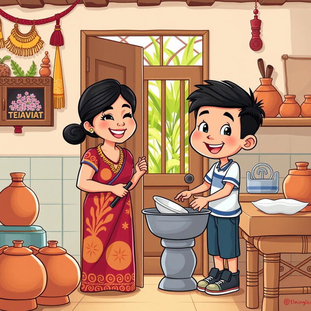 A vibrant cartoon scene depicting a Filipino mother and her son named Poni