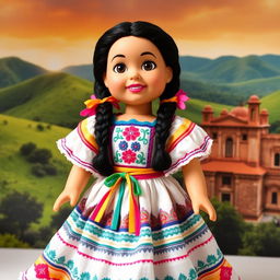 A beautifully crafted doll wearing a traditional Chiapas dress, featuring intricate patterns and vibrant colors typical of the region