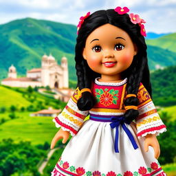 A beautifully crafted doll wearing a traditional Chiapas dress, featuring intricate patterns and vibrant colors typical of the region
