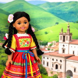 A beautifully crafted doll wearing a traditional Chiapas dress, featuring intricate patterns and vibrant colors typical of the region