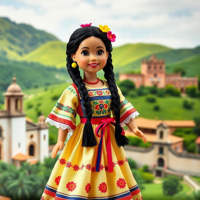 A beautifully crafted doll wearing a traditional Chiapas dress, featuring intricate patterns and vibrant colors typical of the region