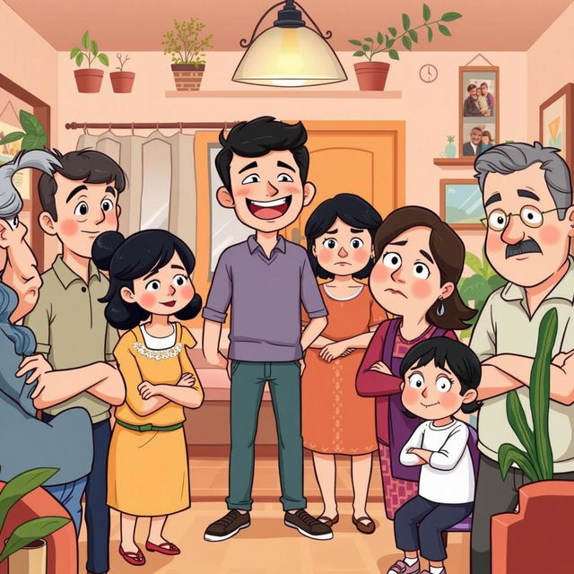 A colorful and expressive cartoon scene portraying a Filipino mother joyfully announcing good news to her son, Poni, who is known for being kind and hardworking