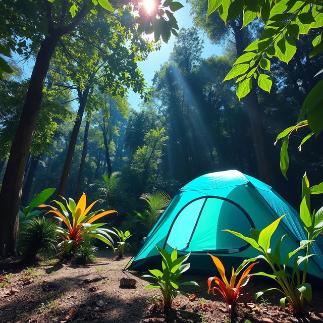 A vibrant blue-green camping tent set up in a lush jungle environment