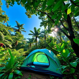 A vibrant blue-green camping tent set up in a lush jungle environment