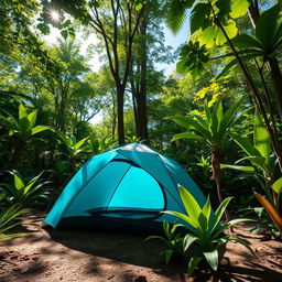 A vibrant blue-green camping tent set up in a lush jungle environment