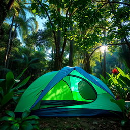 A vibrant blue-green camping tent set up in a lush jungle environment