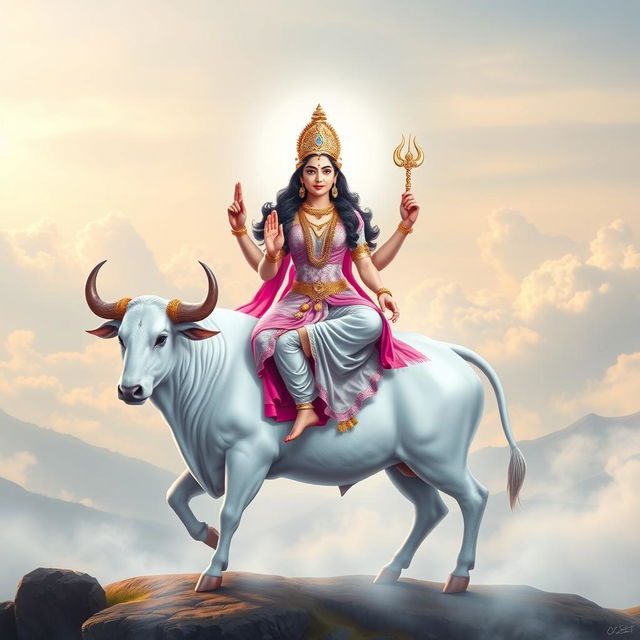 A stunning depiction of Goddess Mahagauri gracefully seated on a majestic white bull