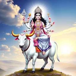A stunning depiction of Goddess Mahagauri gracefully seated on a majestic white bull