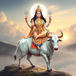 A stunning depiction of Goddess Mahagauri gracefully seated on a majestic white bull