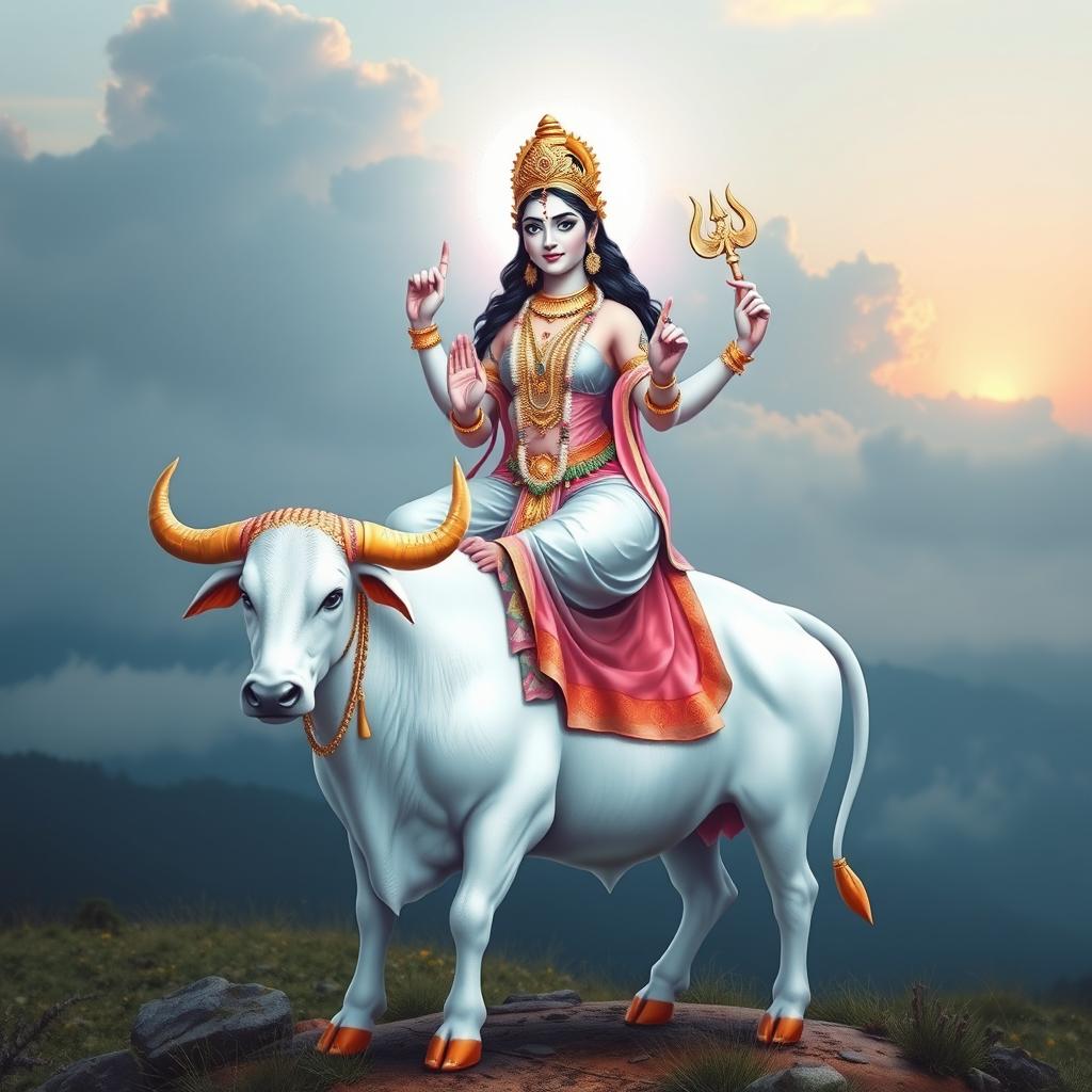 A stunning depiction of Goddess Mahagauri gracefully seated on a majestic white bull