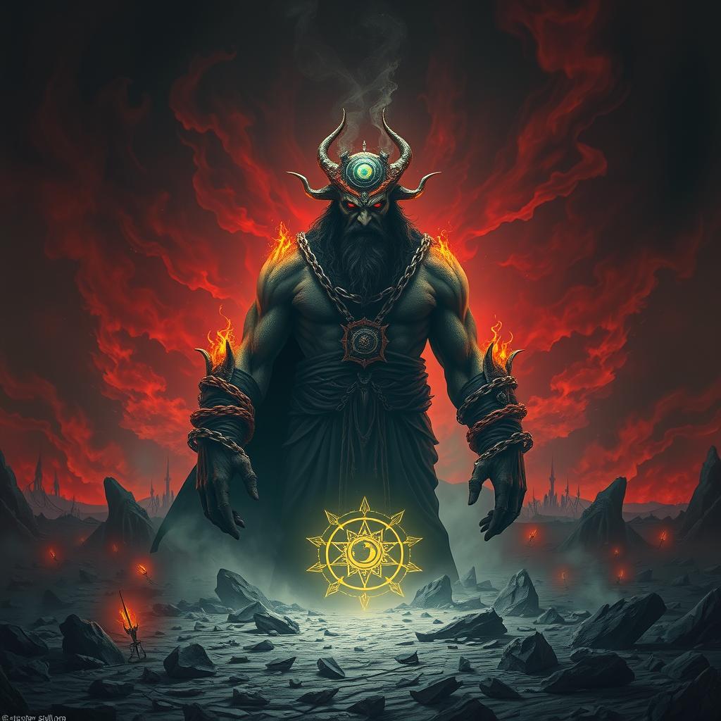A frightening and evil depiction of the Dajjal in a dark and mystical landscape