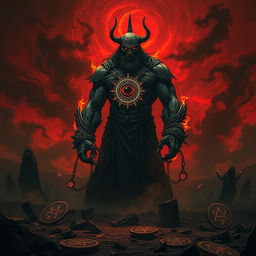 A frightening and evil depiction of the Dajjal in a dark and mystical landscape