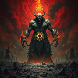 A frightening and evil depiction of the Dajjal in a dark and mystical landscape