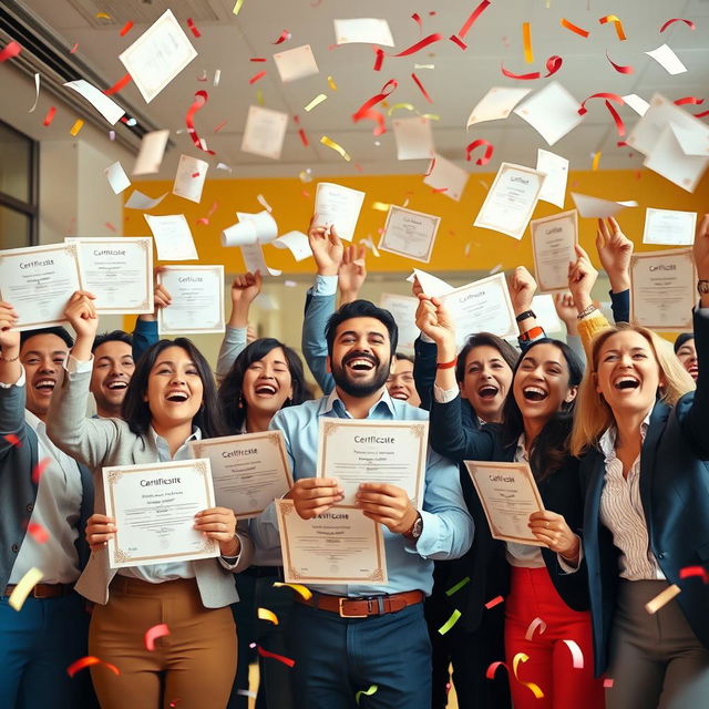 A vibrant scene showcasing a group of cheerful managers happily celebrating their achievements with a total of 65 certificates displayed prominently in the image