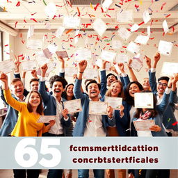 A vibrant scene showcasing a group of cheerful managers happily celebrating their achievements with a total of 65 certificates displayed prominently in the image