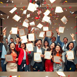 A vibrant scene showcasing a group of cheerful managers happily celebrating their achievements with a total of 65 certificates displayed prominently in the image