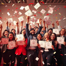 A vibrant scene showcasing a group of cheerful managers happily celebrating their achievements with a total of 65 certificates displayed prominently in the image