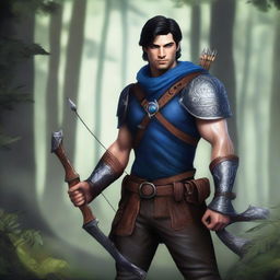 Depict a high-quality, realistic digital art image of a rugged ranger with black hair and a stubble