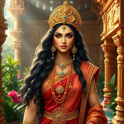 A majestic queen inspired by the Ramayana, wearing exquisite traditional attire adorned with gold embroidery and gemstones