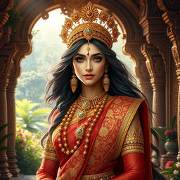 A majestic queen inspired by the Ramayana, wearing exquisite traditional attire adorned with gold embroidery and gemstones