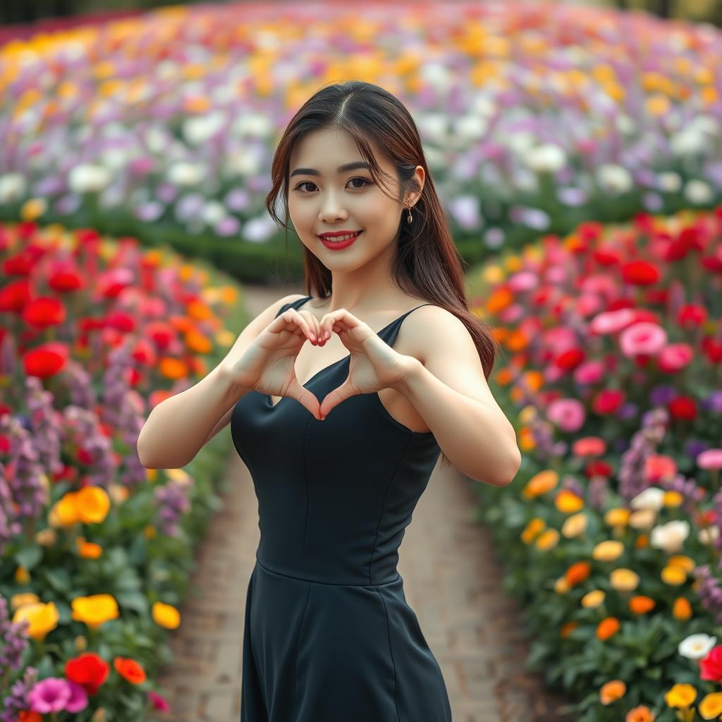 A beautiful Korean woman posing elegantly and attractively in a full-body stance, facing the camera with a soft smile