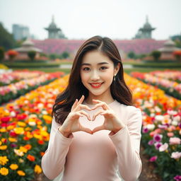 A beautiful Korean woman posing elegantly and attractively in a full-body stance, facing the camera with a soft smile