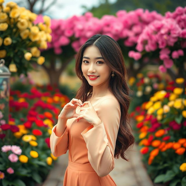 A beautiful Korean woman posing elegantly and attractively in a full-body stance, facing the camera with a soft smile