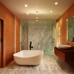 Modern bathroom interior showcasing a large freestanding bathtub, marble tiling, floating vanity with dual sinks, and warm dimmable lighting for a serene atmosphere.