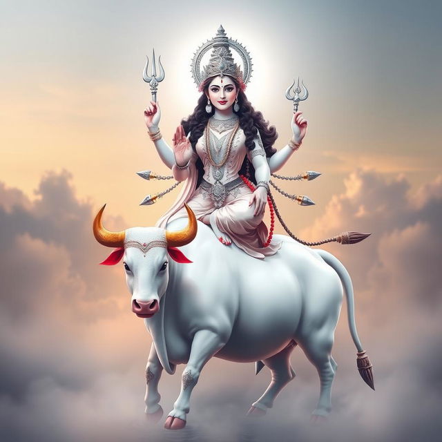 A magnificent portrayal of Goddess Mahagauri, elegantly seated on a pure white bull