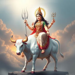A magnificent portrayal of Goddess Mahagauri, elegantly seated on a pure white bull