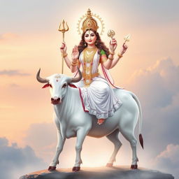 A magnificent portrayal of Goddess Mahagauri, elegantly seated on a pure white bull