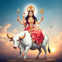 A magnificent portrayal of Goddess Mahagauri, elegantly seated on a pure white bull