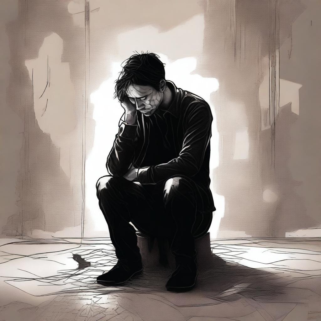 A detailed digital art piece that captures the essence of a heartbroken man