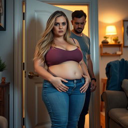 Inside a cozy apartment, a curvy girlfriend stands just inside the door
