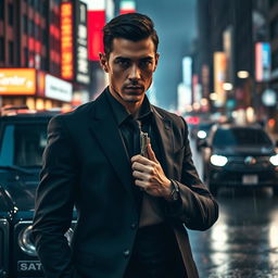 A covert Mossad operative, a sleek and enigmatic figure, returns to action in an urban night setting
