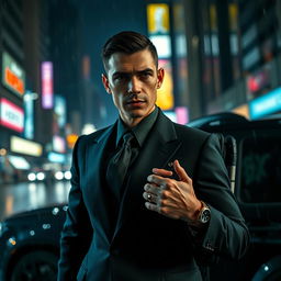 A covert Mossad operative, a sleek and enigmatic figure, returns to action in an urban night setting