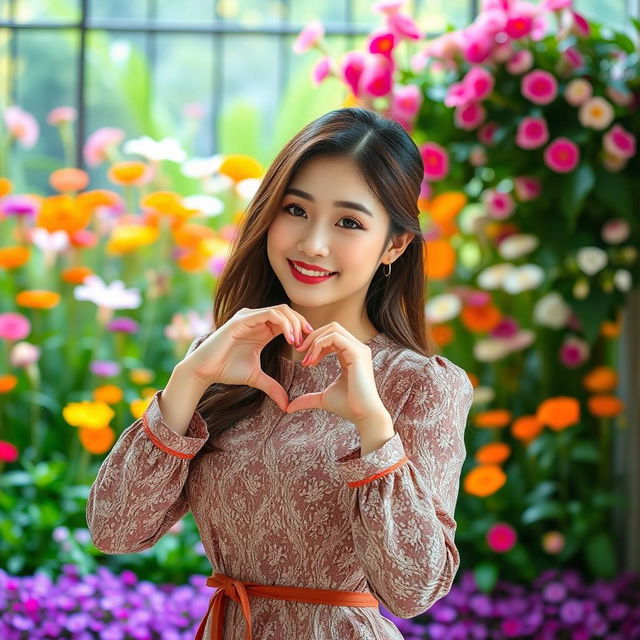 A beautiful Korean woman posing gracefully and attractively, standing full body in a room facing the camera with a gentle smile, forming a heart shape with her hands