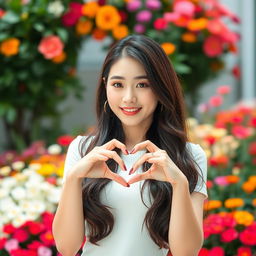 A beautiful Korean woman posing gracefully and attractively, standing full body in a room facing the camera with a gentle smile, forming a heart shape with her hands