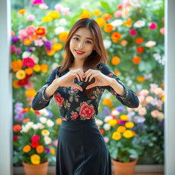 A beautiful Korean woman posing gracefully and attractively, standing full body in a room facing the camera with a gentle smile, forming a heart shape with her hands