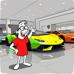 A whimsical cartoon character, with a white body and exaggerated features, wearing a bright red T-shirt, joyfully standing in a sleek Lamborghini car showroom