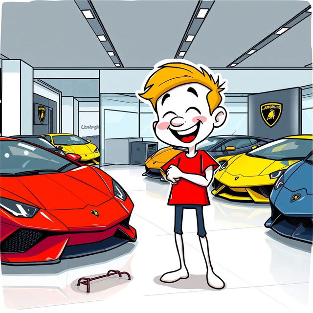 A whimsical cartoon character, with a white body and exaggerated features, wearing a bright red T-shirt, joyfully standing in a sleek Lamborghini car showroom