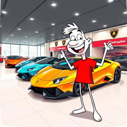 A whimsical cartoon character, with a white body and exaggerated features, wearing a bright red T-shirt, joyfully standing in a sleek Lamborghini car showroom