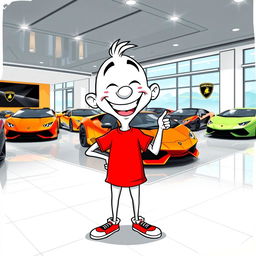 A whimsical cartoon character, with a white body and exaggerated features, wearing a bright red T-shirt, joyfully standing in a sleek Lamborghini car showroom
