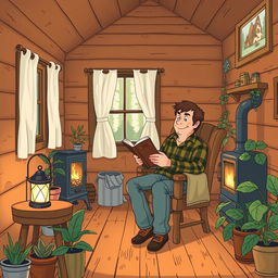 An illustration of the interior of a simple cabin, featuring warm wooden walls and rustic decor