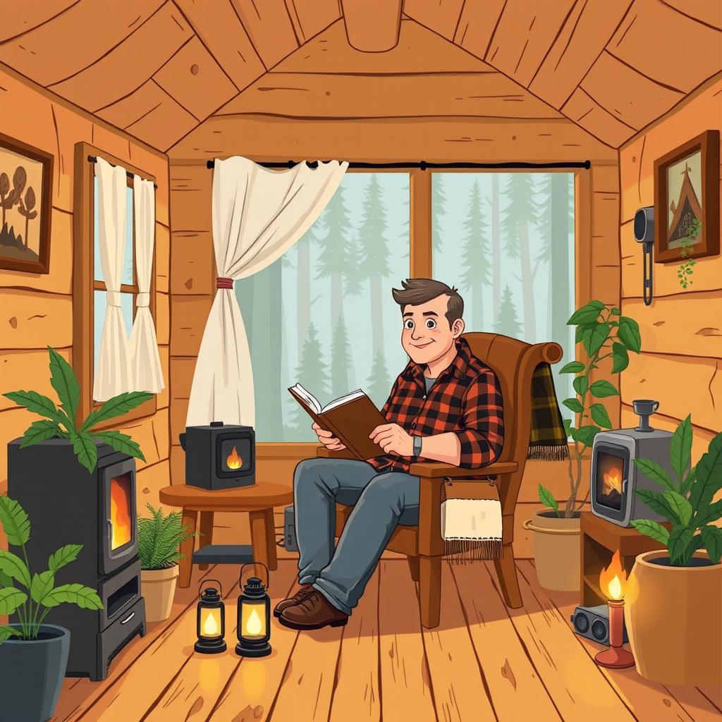 An illustration of the interior of a simple cabin, featuring warm wooden walls and rustic decor