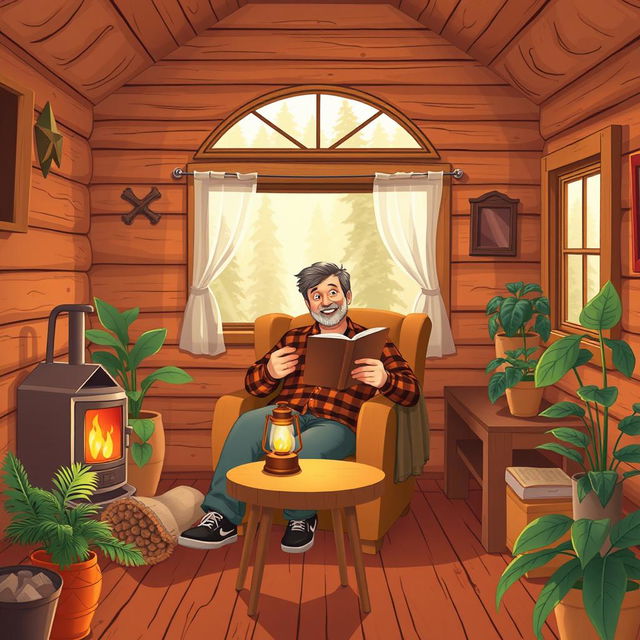 An illustration of the interior of a simple cabin, featuring warm wooden walls and rustic decor