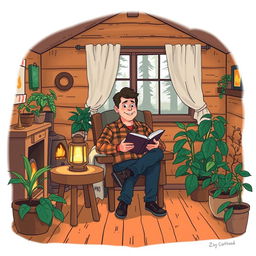 An illustration of the interior of a simple cabin, featuring warm wooden walls and rustic decor
