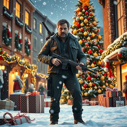A festive and action-packed Christmas scene inspired by an iconic action movie, featuring a confident hero standing in a winter wonderland